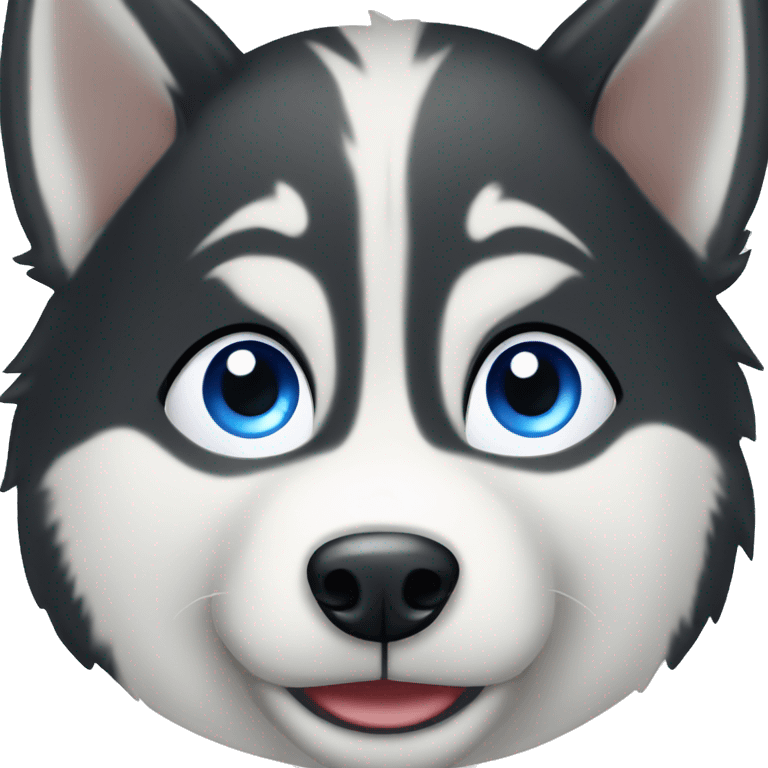 Black and white husky with blue eyes, white eyebrows, looking happy emoji