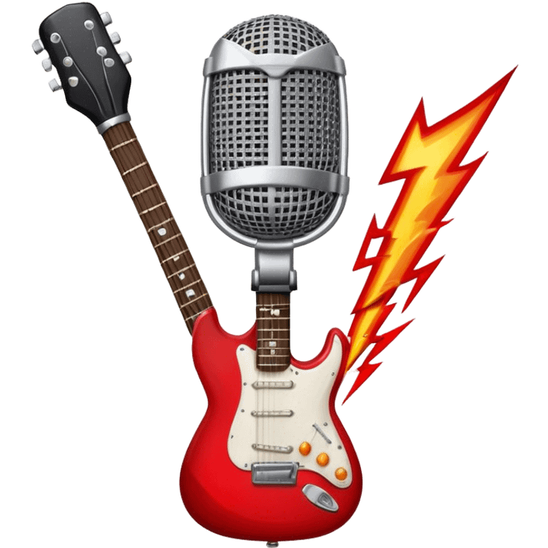 Create a bold and dynamic emoji representing rock vocal performance in a humanless collage. The design should feature a vintage microphone at the center, surrounded by key rock elements like an electric guitar, drumsticks, and a guitar pick. Include symbols of energy, such as lightning bolts or flames, and subtle musical notes or sound waves to evoke the raw power of rock vocals. Use dark, bold colors like black, silver, and red, with hints of chrome or metallic accents to convey the edgy, rebellious spirit of rock music. The background should be transparent. emoji