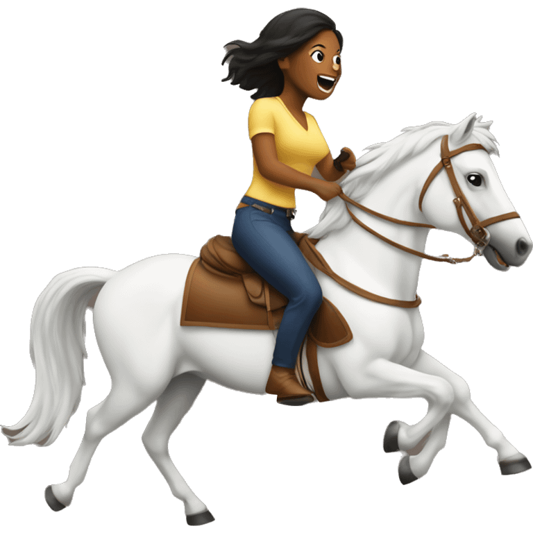 Woman galloping on horse while holding drink emoji