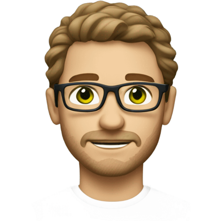 Caucasian male, shoulder length wavy brown hair, green eyes, brown glasses, stubble emoji