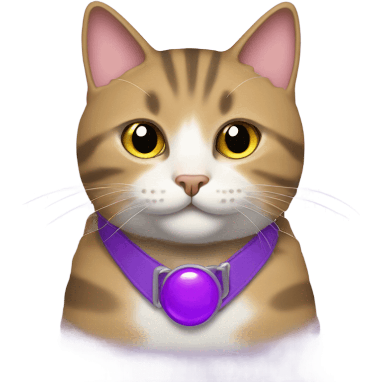 fat tabby cat with purple collar with a small bell emoji