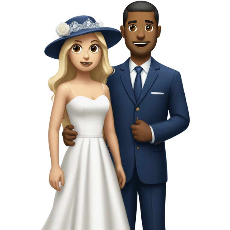 Puerto rican beard short hair with blue hat and navy blue suit getting Married with blond long hair girl with white  wedding dress  emoji