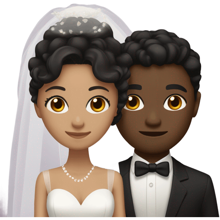 Bride with black wavy hair and light skin, Groom with black short wavy hair and brown skin, both dark brown eyes emoji