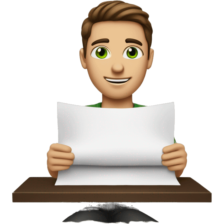 a light-skinned green-eyed man with styled brown hair (brushed back) sitting in front of the long white paper scroll emoji