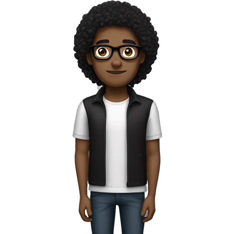 Guy with curly black hair and white glasses with black shirt emoji