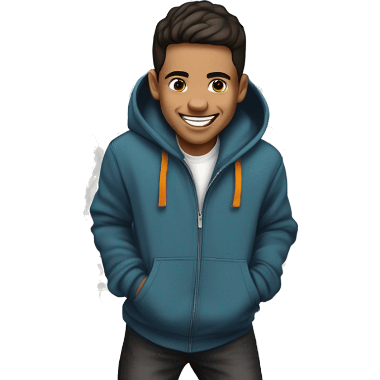 Create a playful portrait of a young man with a round face, short dark hair, and a mischievous smile, wearing a stylish hoodie. The background features colorful graffiti and an urban setting, capturing his energetic personality emoji