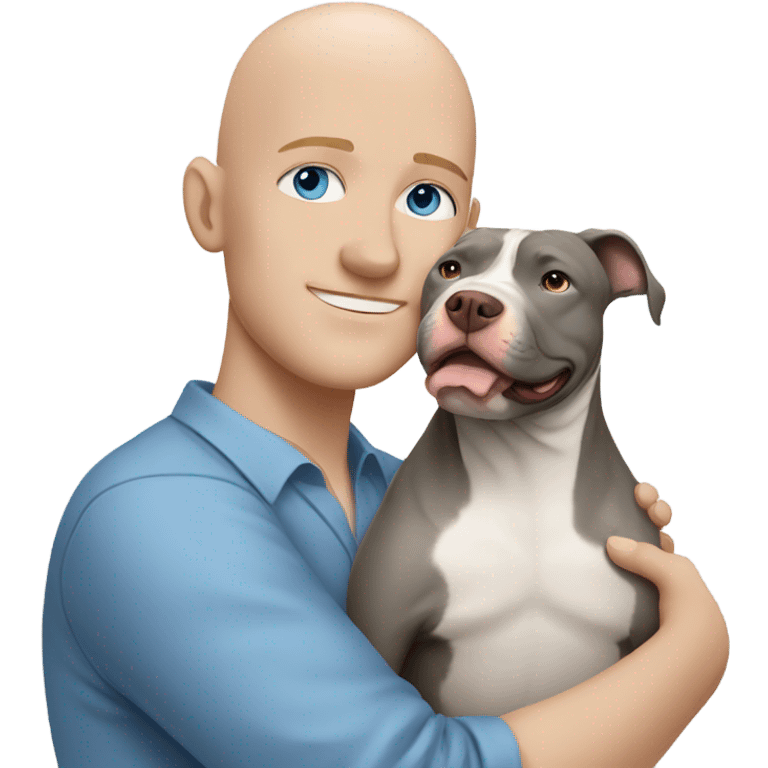 bald white man with blue eyes hugging grey pit bull emoji