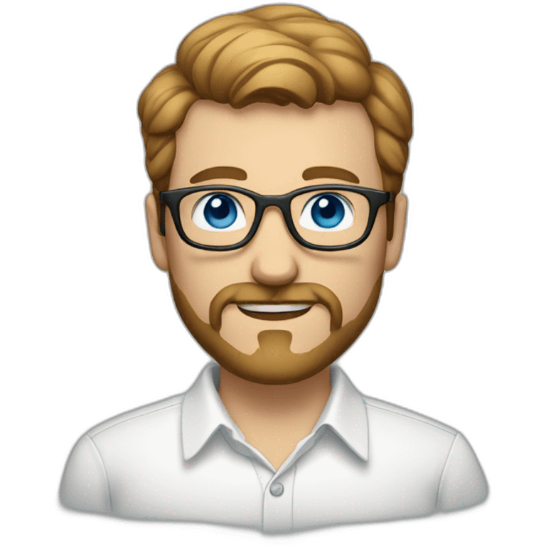 man with short light brown hair, beard and mustache and glasses, blue eyes, white shirt with like emoji