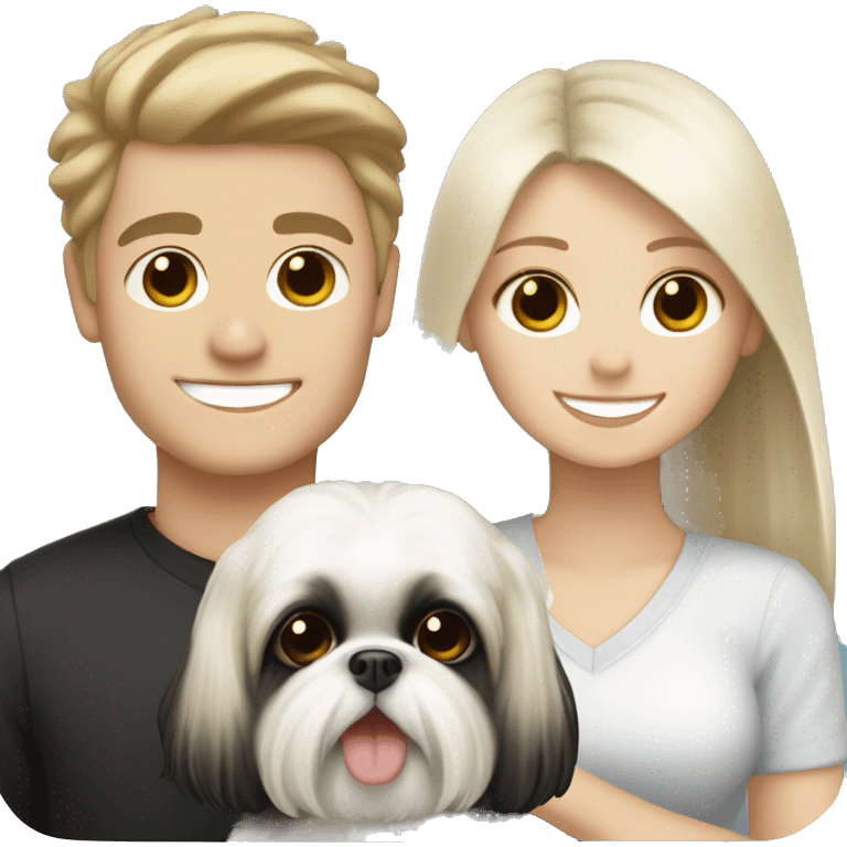 White blonde long-haired girl and white brunette boy carrying happy black Shih Tzu emoji