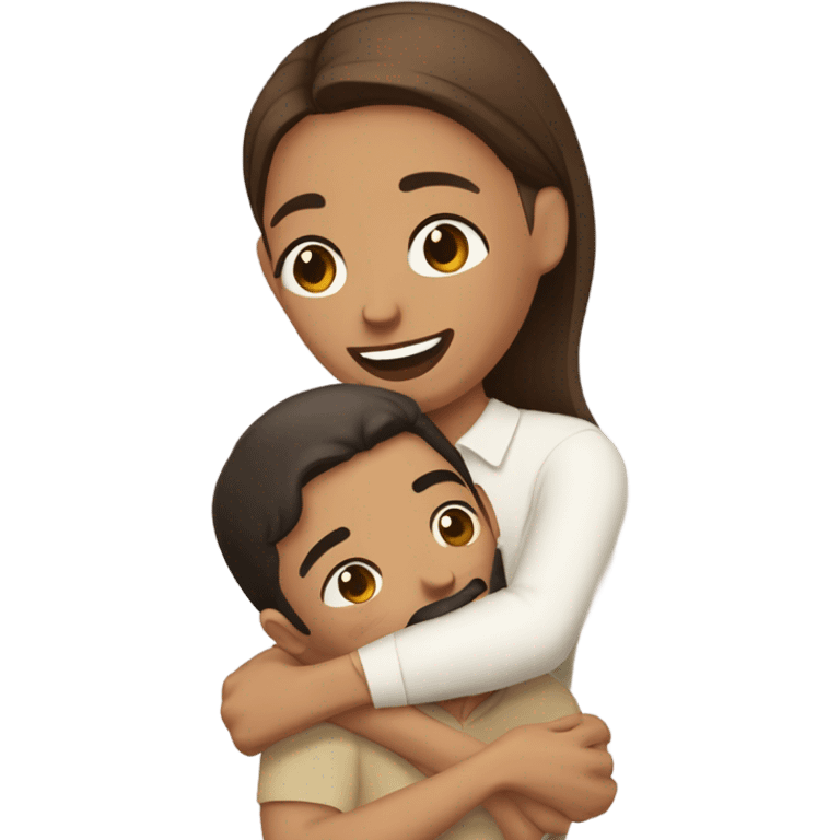 Brown-haired Puerto Rican woman with dark brown eyes wearing a cute blouse giving comforting hug to short, bald man with brown eyes, laugh lines, and a beard emoji