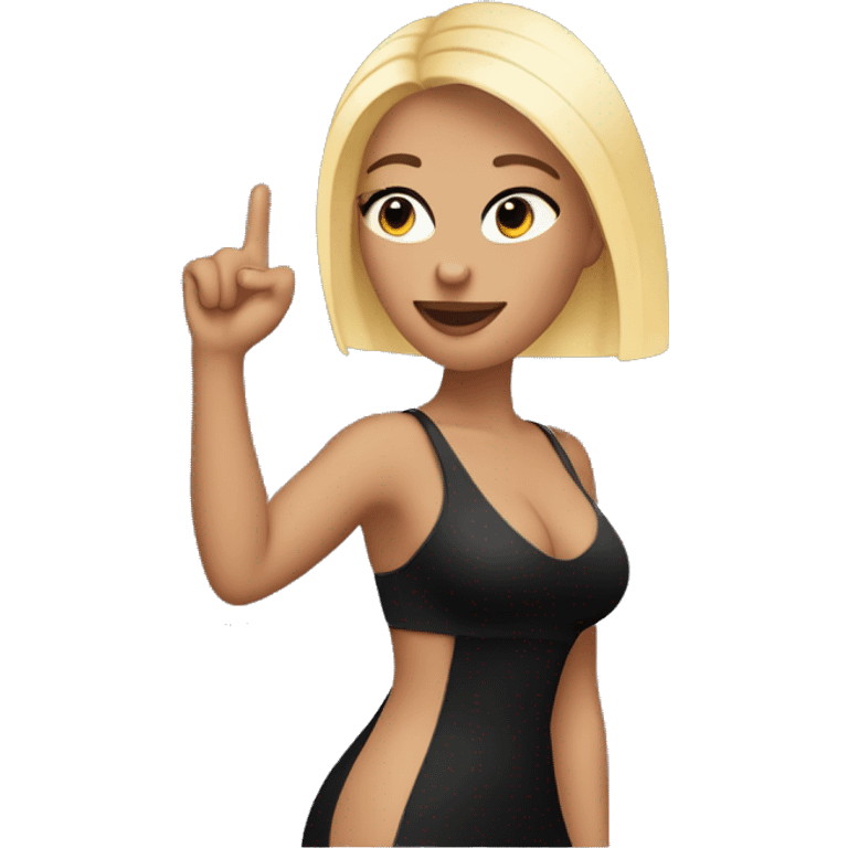 Emoji of a woman with blonde hair in a black mini dress bra inside, confidently pointing forward with finger with a stylish, influencer vibe emoji