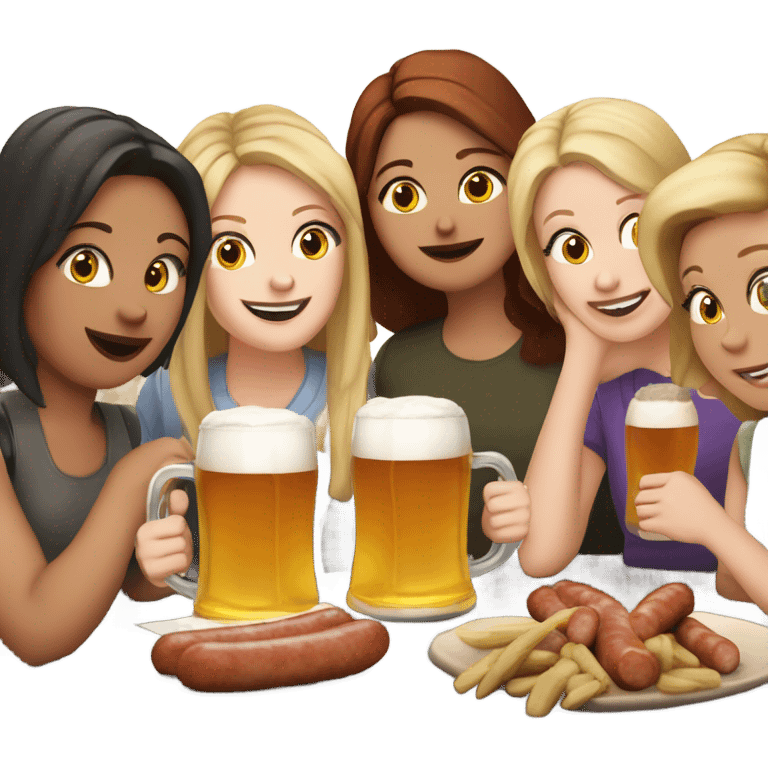 Five white girls drinking pints of beer and eating sausage emoji