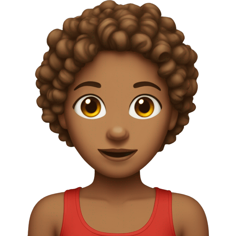 Tan girl with curly brown hair, brown eyes, hoop earrings, and a red tank top emoji