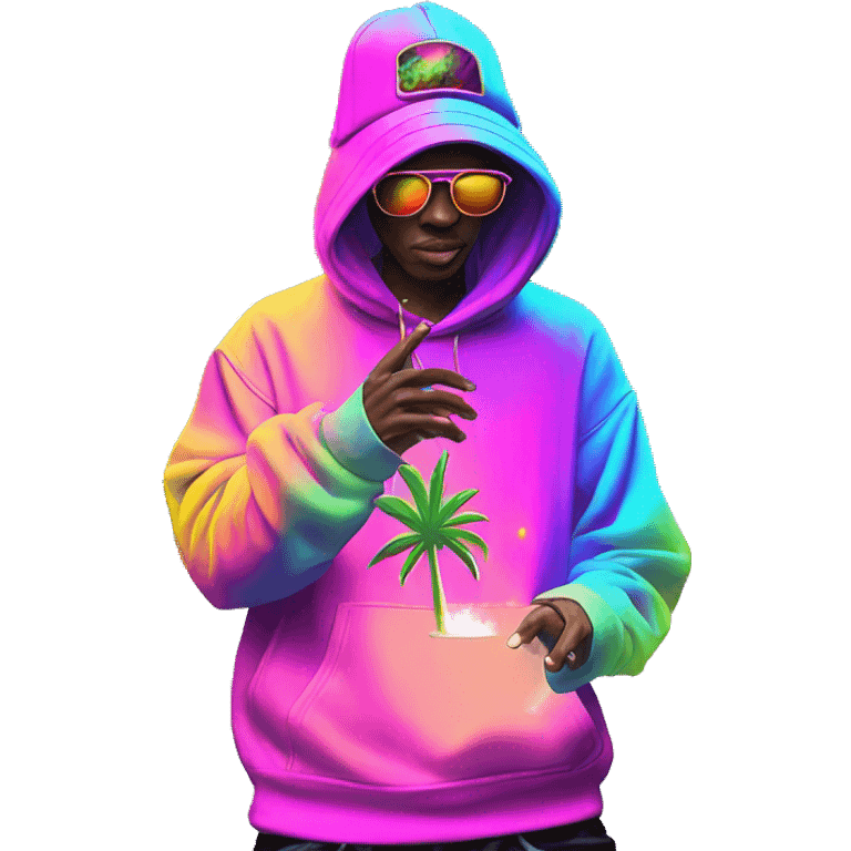 Multicoloured neon person smoking wearing hoodie dancing hip hop bucket hat tropical Skater fashion aesthetic baggy clothes graphic t shirt 420 emoji