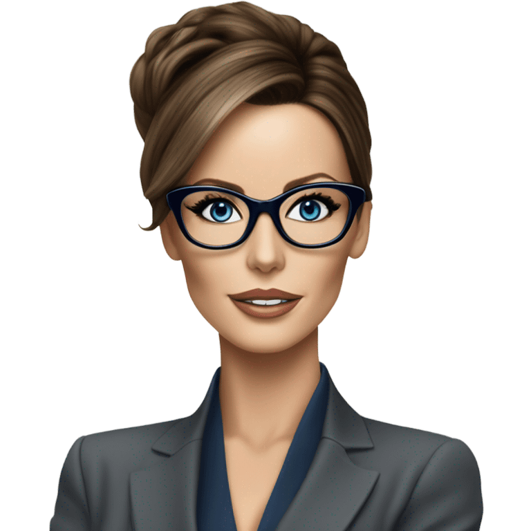 Hyper Realistic photo Kate Beckinsale blue eyes wearing glasses in a business meeting high fashion  emoji