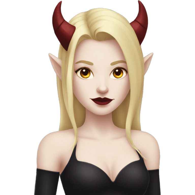 Demon succubus with blonde hair and pale skin. She has dark red horns and a black dress.  emoji