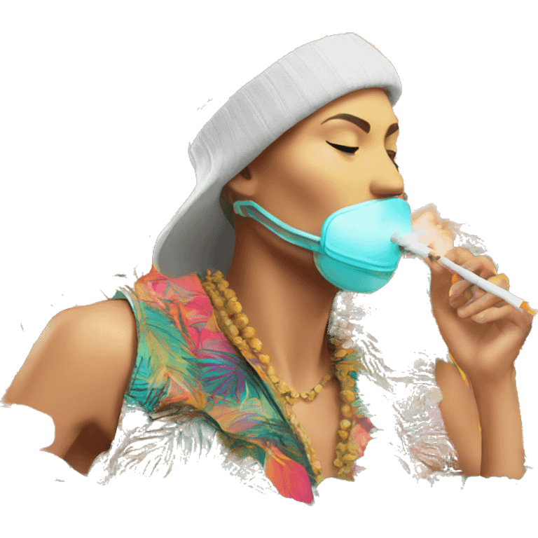 Person vaping wearing a colourful vibrant tropical patchwork of intricate vintage patterns, vape emoji