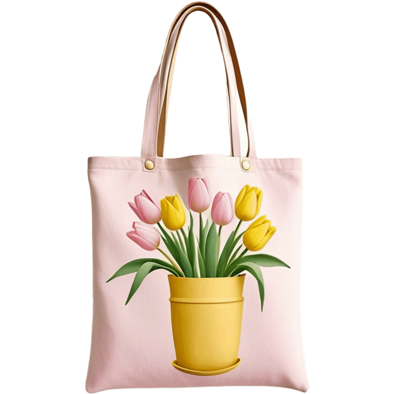 canvas tote bag with pastel tulips hanging out the top emoji