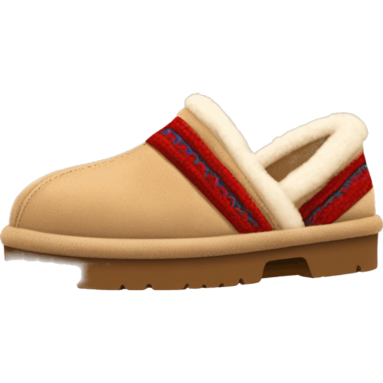 Ugg Camel slip-on slippers. A thin red zig-zag stitch only encircling ankles, VERY chunky platform sole. emoji