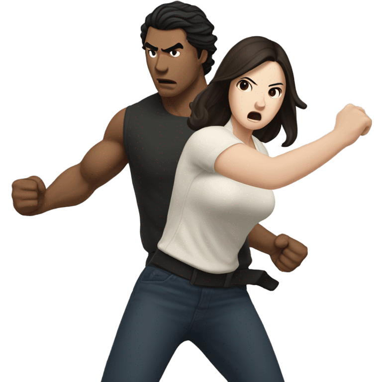 A pale half Asian man with short dark hair fighting a white woman with long wavy brunette hair emoji