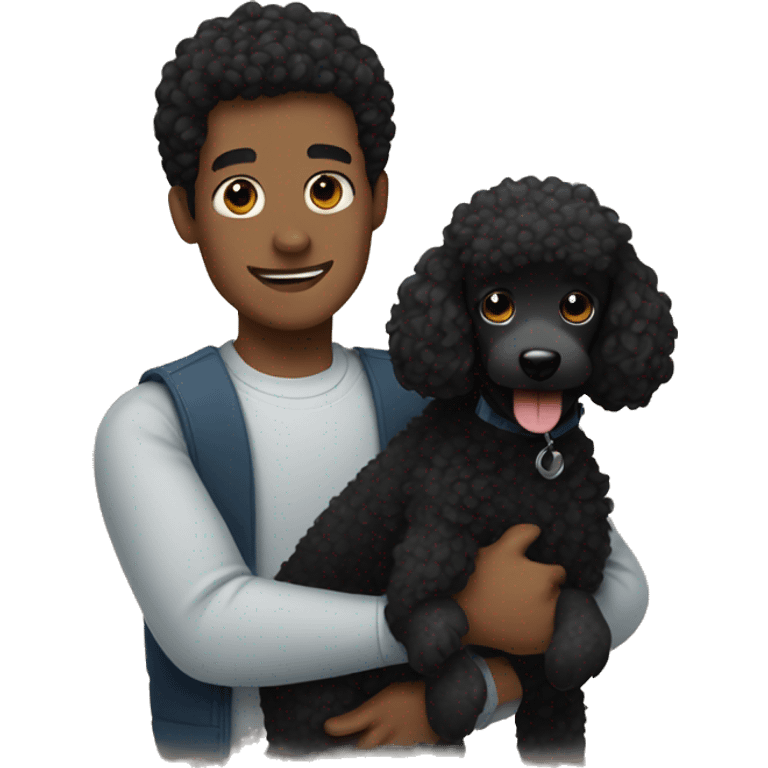 Black haired guy hugs black poodle dog  emoji