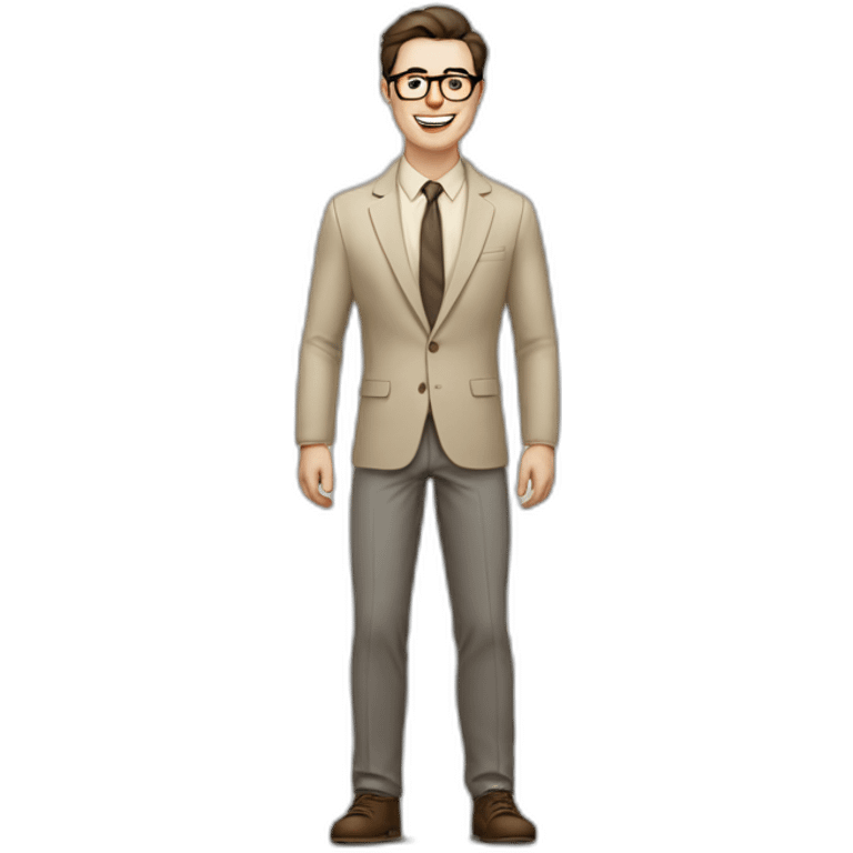 Joyful Full height Pale skinned Fit Man With dark brown hair in gray jacket, beige office shirt, Brown pants and vintage glasses. His thrumbs up emoji