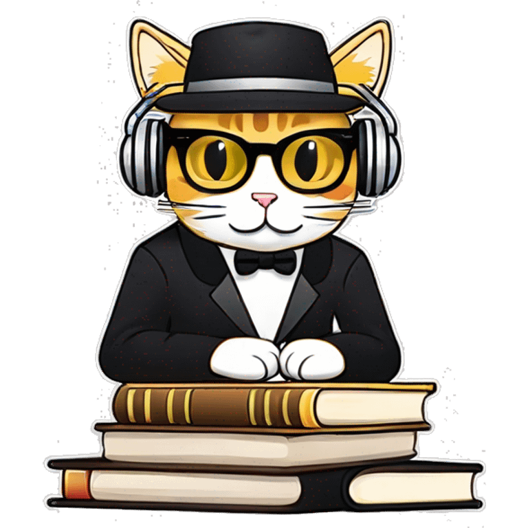 dj cat with many books and text emoji