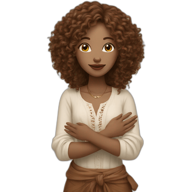 woman-designer in boho style(pale skin, brown middle curly hair) shows heart with her hands emoji