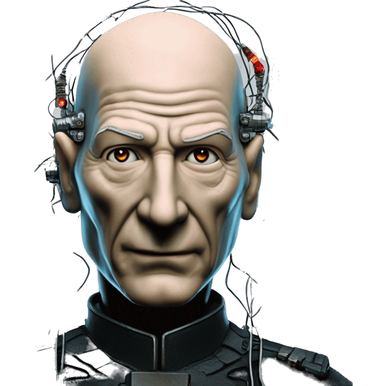 Jean luc picard from Star Trek assimilated by the Borg, with mechanical metal covering the left side of his face, with wires and a red light on the left side. His eyes are blue emoji