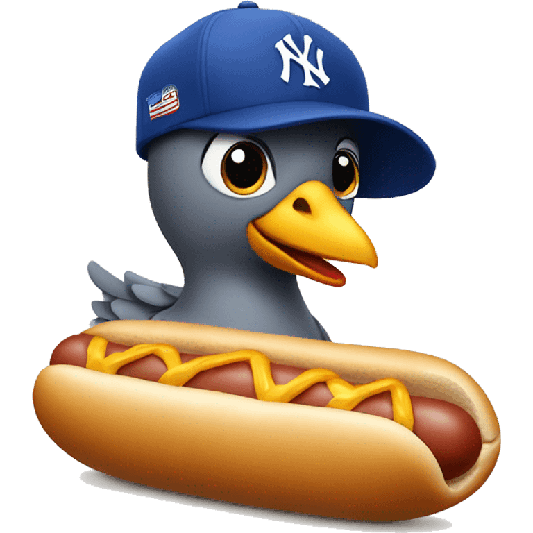 pigeon wearing a blue New York yankee hat while standing on a hotdog emoji