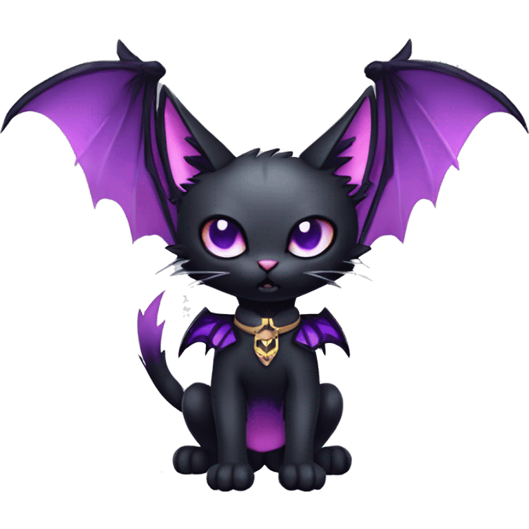   cool edgy kawaii ethereal dark-punk-themed animal vampiric cat-hybrid Fakemon with fangs and bat-wing-ears with a collar full body emoji