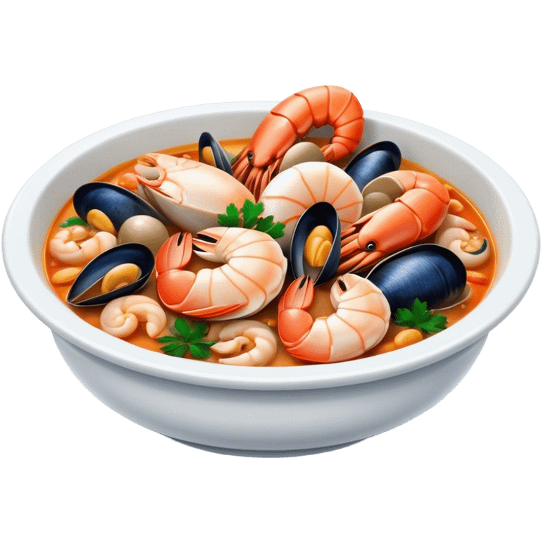 Cinematic Realistic Buzara Seafood Dish Emoji, depicted as a rustic, flavorful seafood stew with shellfish rendered with rich textures and dynamic, maritime lighting. emoji