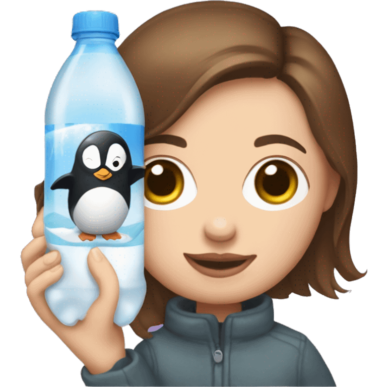 white woman with brown hair holding a baby penguin stuffed animal and a seltzer emoji