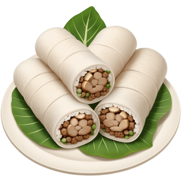 Cinematic Realistic B√°nh cu·ªën Dish Emoji, featuring steamed rice rolls filled with savory minced pork and mushrooms rendered with soft textures and inviting, warm lighting. emoji