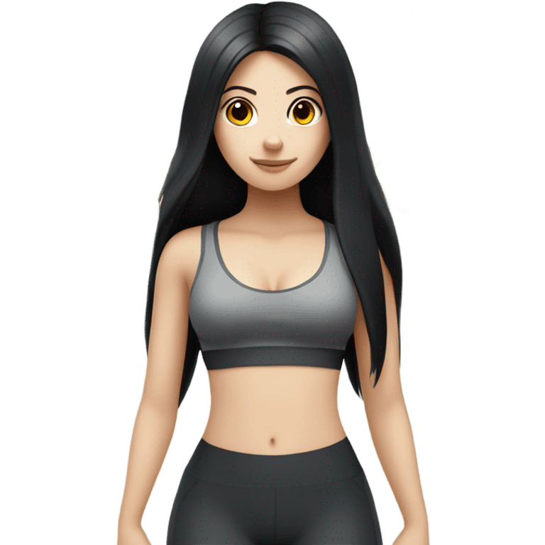 Pale girl with hourglass figure and long black hair doing exercise emoji