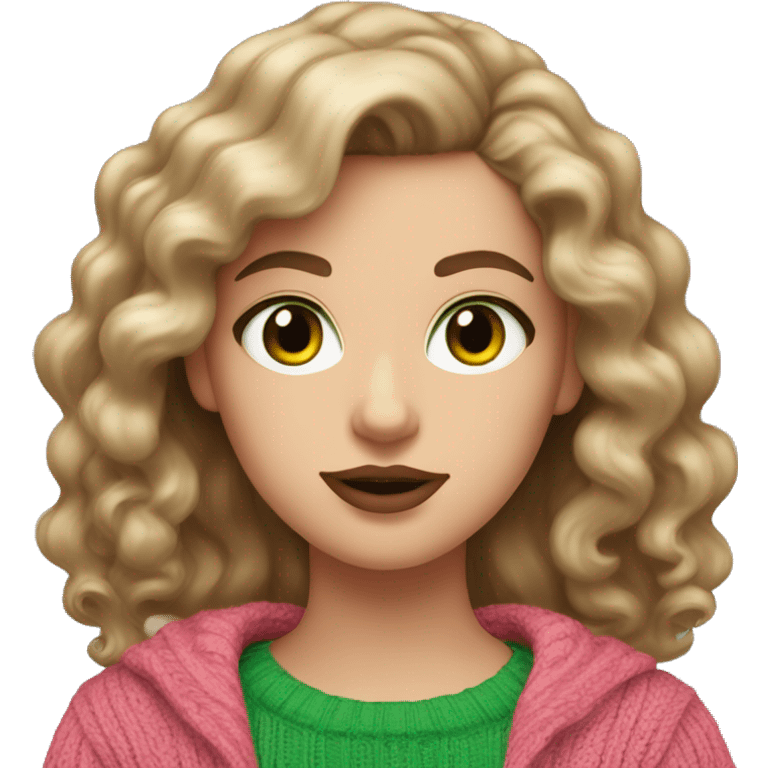 White girl with brown long curled hair and green eyes and a pink sweater with big red lips  emoji