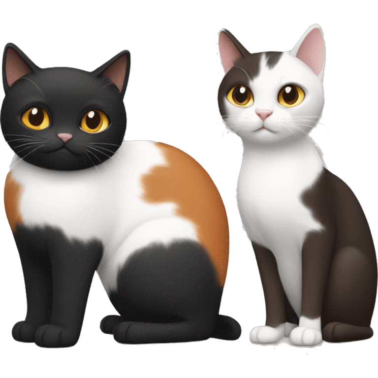 A black cat and a three-colored cat (white, brown and orange) standing next to each other emoji