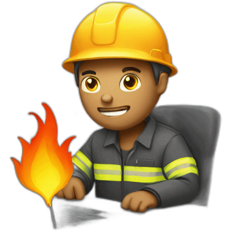 man working on laptop, fire in the background emoji