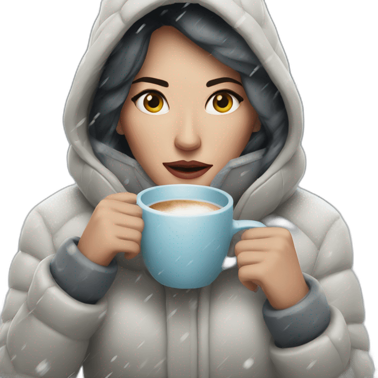 woman in a super heavy snowstorm holding a coffee cup emoji