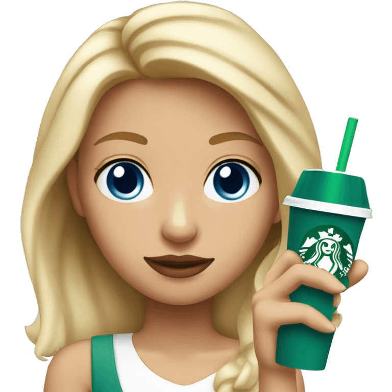 blonde girl blue eyes with Starbucks cup drink emoji