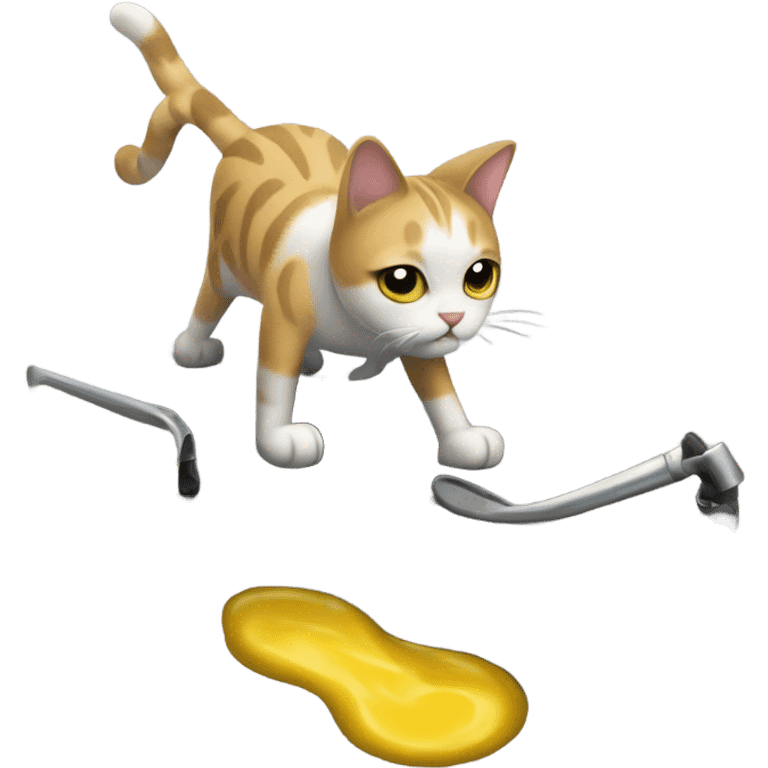 A cat with crutches slips on a puddle of mustard emoji