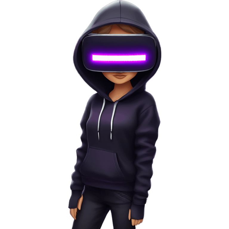 Russian girl wearing black hoody with violet letters "OMG", in vr headset. Cyberpunk style. Violet neon. emoji