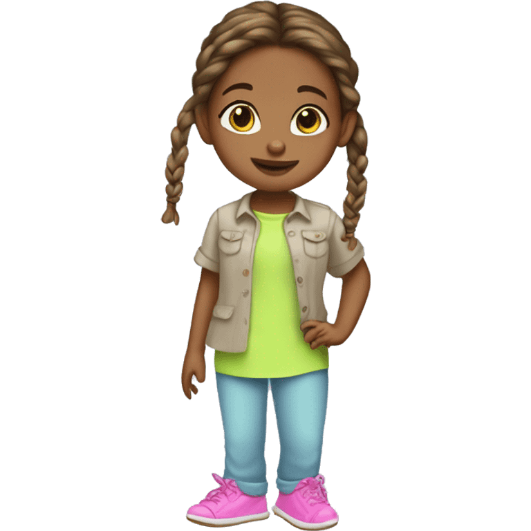 Little girl with a brown braid wearing a light blue shirt, neon green pants, pink slippers emoji