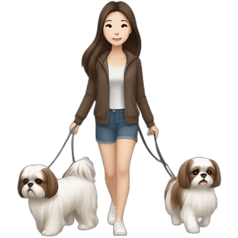 a asian girl with long brown hair walking with a white and brown shih tzu emoji