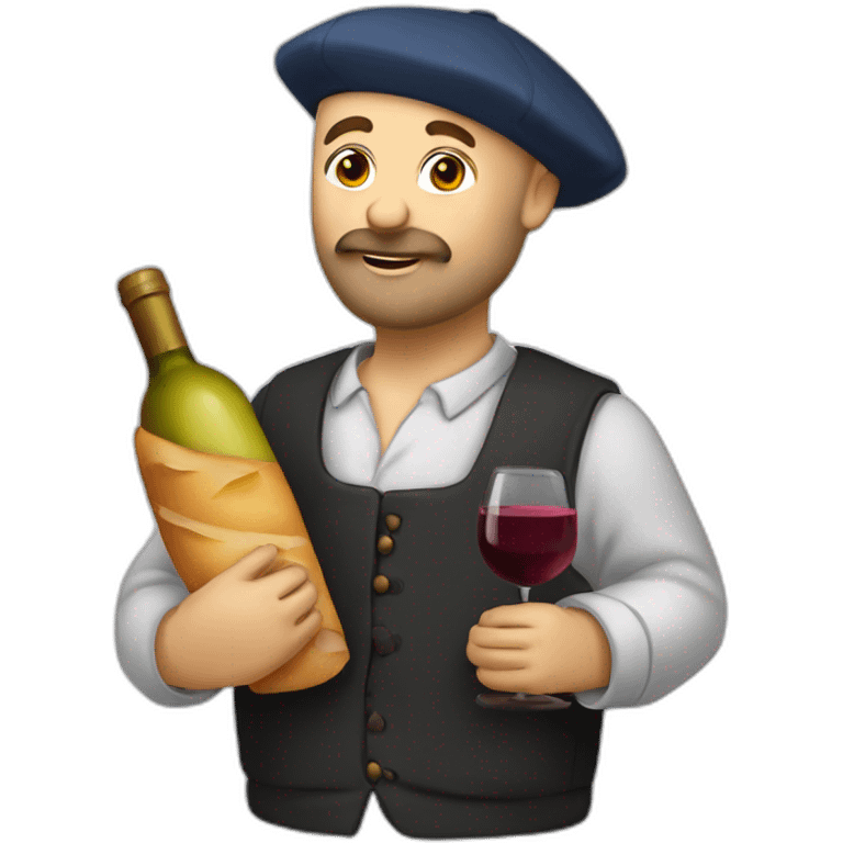 French bald man with beard, béret, baguette and wine emoji