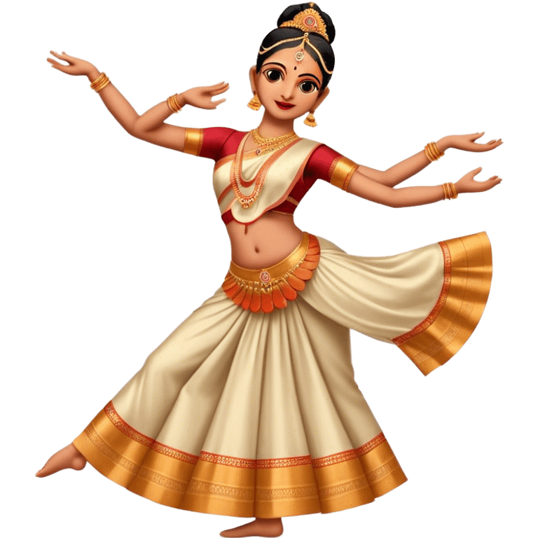 Cinematic Realistic Bharatanatyam Dance Emoji, depicted as an elegant classical Indian dance performance with graceful poses, intricate costumes, and expressive hand gestures, rendered with rich textures and warm dramatic lighting that captures its timeless beauty. emoji