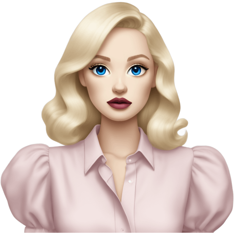 Hot girly pale blonde with blue eyes and light pink lips wearing YsL. Puffed sleeve shirt emoji