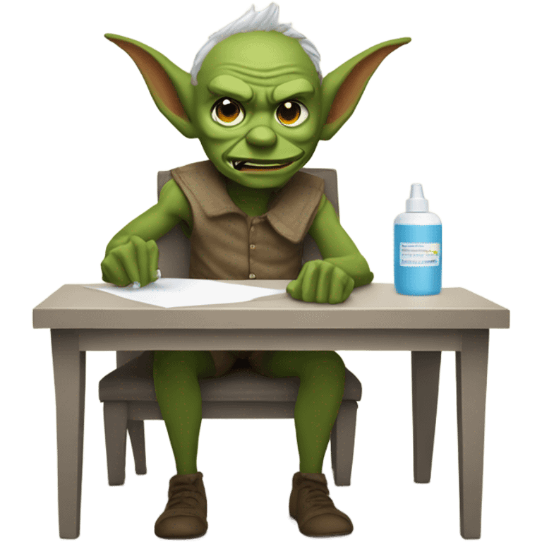 goblin at desk with a bottle of lotion and tissue box on it emoji