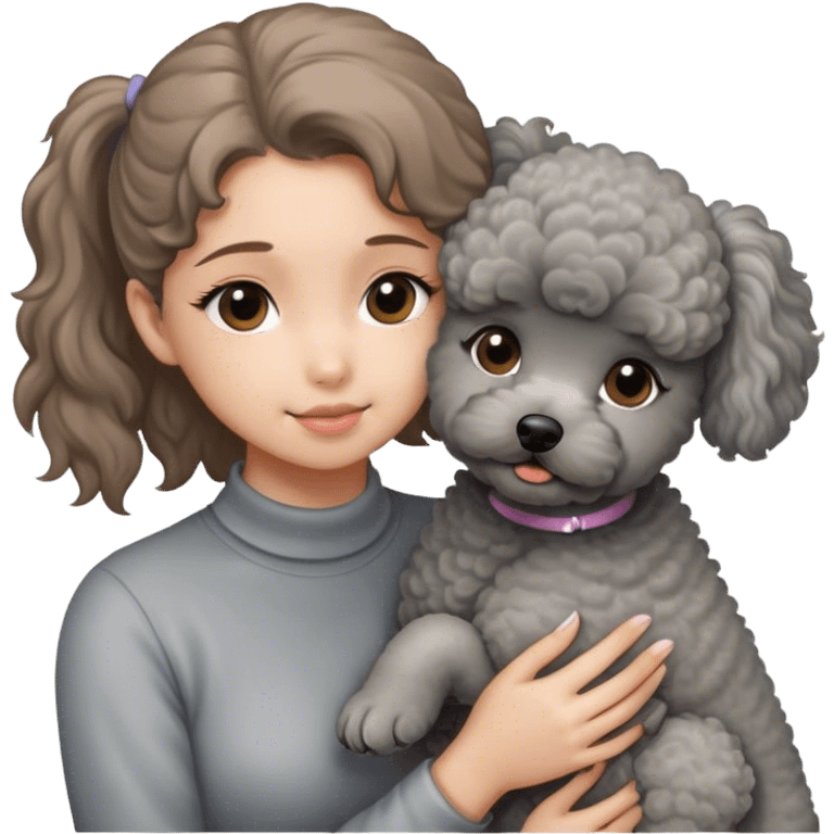 A girl with a light brown ponytail holding a grey poodle emoji