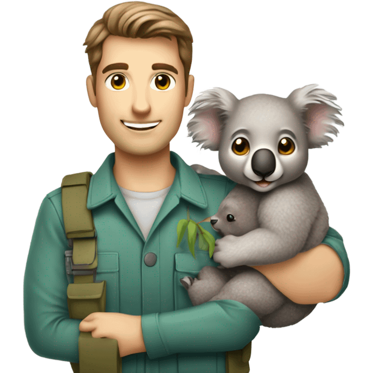 Caucasian brown hair male zookeeper holding cute koala emoji